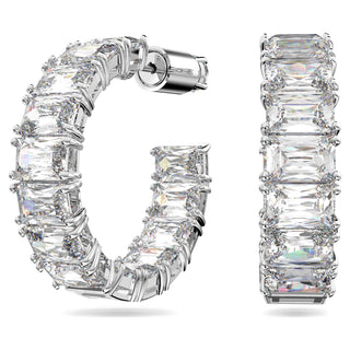 Matrix hoop earrings, Octagon cut, White, Rhodium plated