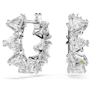 Matrix hoop earrings, Triangle cut, Small, White, Rhodium plated