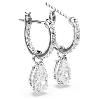 Stilla hoop earrings, Pear cut, White, Rhodium plated