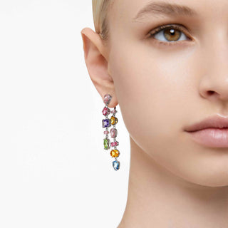 Gema drop earrings, Asymmetrical design, Mixed cuts, Long, Multicolored, Rhodium plated
