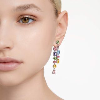 Gema drop earrings, Asymmetrical design, Mixed cuts, Long, Multicolored, Rhodium plated