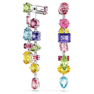 Gema drop earrings, Asymmetrical design, Mixed cuts, Long, Multicolored, Rhodium plated