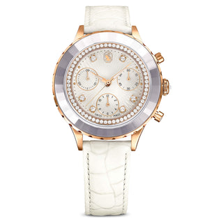 Octea Chrono watch, Swiss Made, Leather strap, White, Rose gold-tone finish