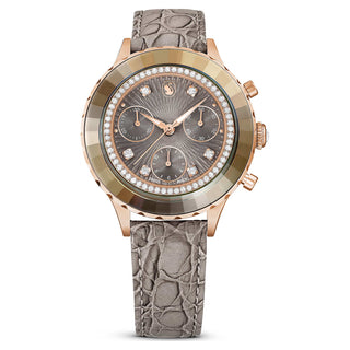 Octea Chrono watch, Swiss Made, Leather strap, Gray, Rose gold-tone finish