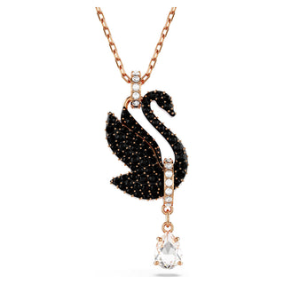 Swan pendant, Swan, Black, Rose gold-tone plated