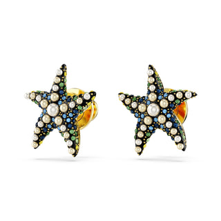 Idyllia stud earrings, Crystal pearl, Starfish, Small, Multicolored, Gold-tone plated