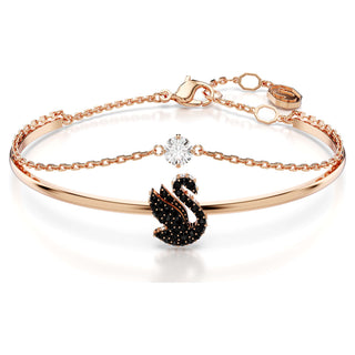 Swan bangle, Swan, Black, Rose gold-tone plated