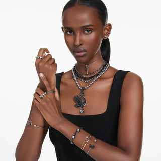 Swan bangle, Swan, Black, Rose gold-tone plated