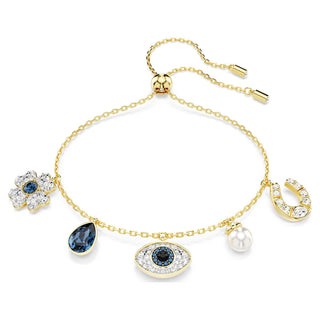 Symbolica bracelet, Crystal pearl, Clover, evil eye and horseshoe, Blue, Gold-tone plated