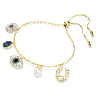 Symbolica bracelet, Crystal pearl, Clover, evil eye and horseshoe, Blue, Gold-tone plated