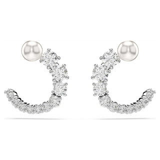 Matrix hoop earrings, Crystal pearl, Round cut, White, Rhodium plated