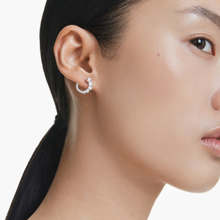 Matrix hoop earrings, Crystal pearl, Round cut, White, Rhodium plated
