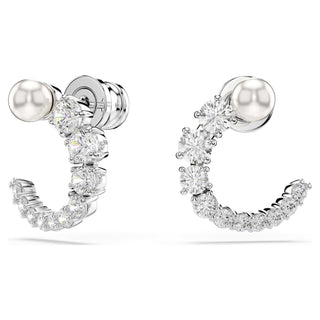 Matrix hoop earrings, Crystal pearl, Round cut, White, Rhodium plated