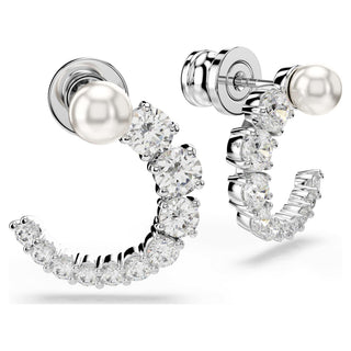 Matrix hoop earrings, Crystal pearl, Round cut, White, Rhodium plated