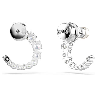 Matrix hoop earrings, Crystal pearl, Round cut, White, Rhodium plated