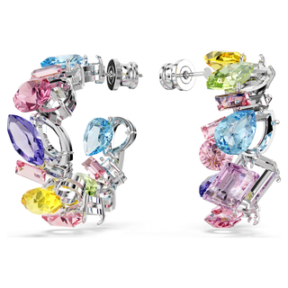 Gema hoop earrings, Asymmetrical design, Mixed cuts, Small, Multicolored, Rhodium plated