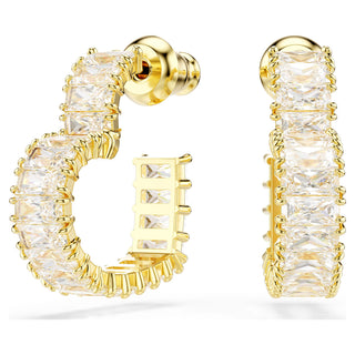 Matrix hoop earrings, Baguette cut, Heart, Small, White, Gold-tone plated