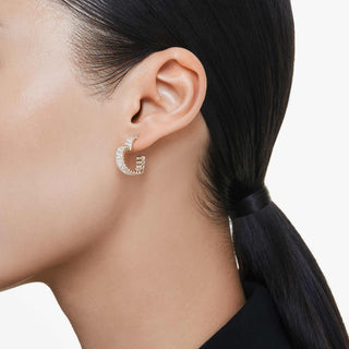 Matrix hoop earrings, Baguette cut, Heart, Small, White, Gold-tone plated