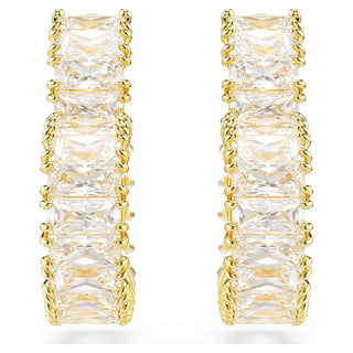 Matrix hoop earrings, Baguette cut, Heart, Small, White, Gold-tone plated
