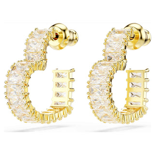 Matrix hoop earrings, Baguette cut, Heart, Small, White, Gold-tone plated