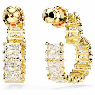 Matrix hoop earrings, Baguette cut, Heart, Small, White, Gold-tone plated