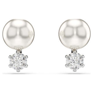 Matrix stud earrings, Crystal pearl, Round cut, White, Rhodium plated