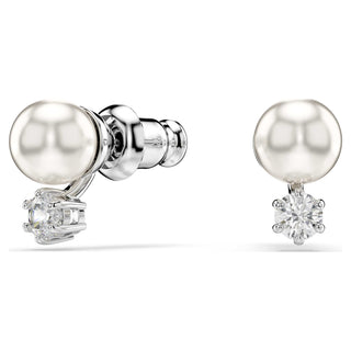 Matrix stud earrings, Crystal pearl, Round cut, White, Rhodium plated