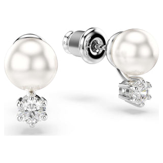 Matrix stud earrings, Crystal pearl, Round cut, White, Rhodium plated