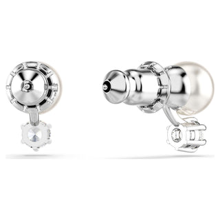 Matrix stud earrings, Crystal pearl, Round cut, White, Rhodium plated