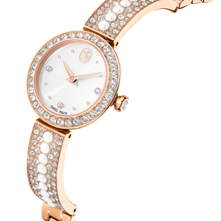Matrix pearl bangle bangle watch, Swiss Made, Crystal bracelet, White, Rose gold-tone finish