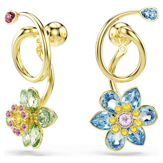Idyllia drop earrings, Asymmetrical design, Mixed cuts, Flower, Multicolored, 18K gold finish