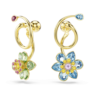 Idyllia drop earrings, Asymmetrical design, Mixed cuts, Flower, Multicolored, 18K gold finish