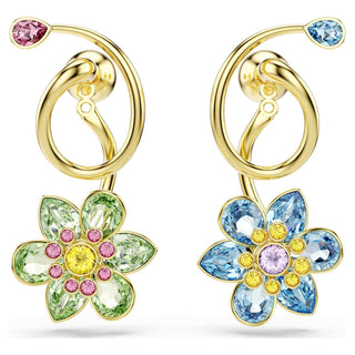 Idyllia drop earrings, Asymmetrical design, Mixed cuts, Flower, Multicolored, 18K gold finish
