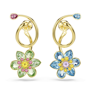 Idyllia drop earrings, Asymmetrical design, Mixed cuts, Flower, Multicolored, 18K gold finish