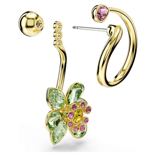 Idyllia drop earrings, Asymmetrical design, Mixed cuts, Flower, Multicolored, 18K gold finish