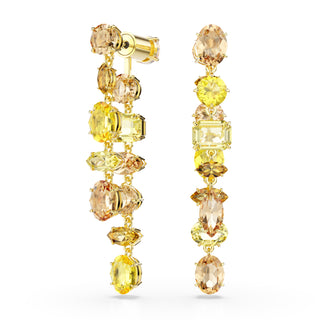 Gema drop earrings, Asymmetrical design, Mixed cuts, Long, Yellow, Gold-tone plated
