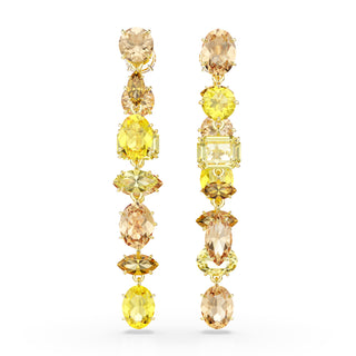 Gema drop earrings, Asymmetrical design, Mixed cuts, Long, Yellow, Gold-tone plated