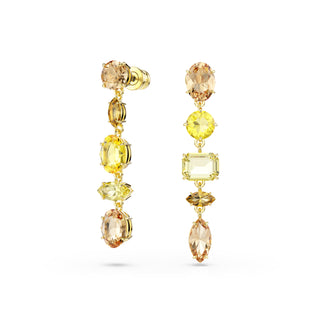 Gema drop earrings, Asymmetrical design, Mixed cuts, Long, Yellow, Gold-tone plated