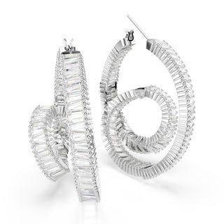 Matrix hoop earrings, Baguette cut, Ribbon, White, Rhodium plated
