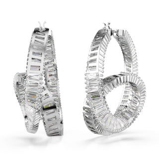 Matrix hoop earrings, Baguette cut, Ribbon, White, Rhodium plated
