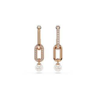 Constella drop earrings, Crystal pearl, Round cut, White, Rose gold-tone plated
