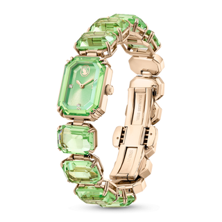Watch, Octagon cut bracelet, Green, Champagne gold-tone finish