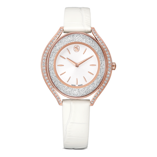 Crystalline aura watch, Swiss Made, Leather strap, White, Rose gold-tone finish
