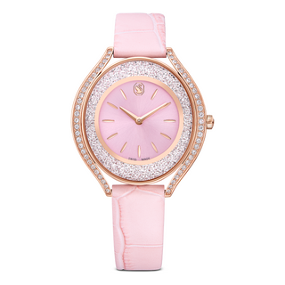 Crystalline aura watch, Swiss Made, Leather strap, Pink, Rose gold-tone finish