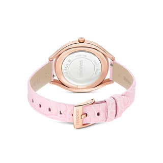Crystalline aura watch, Swiss Made, Leather strap, Pink, Rose gold-tone finish