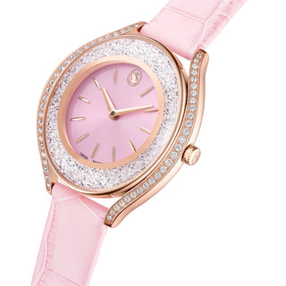 Crystalline aura watch, Swiss Made, Leather strap, Pink, Rose gold-tone finish