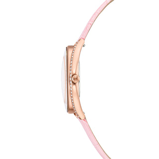 Crystalline aura watch, Swiss Made, Leather strap, Pink, Rose gold-tone finish