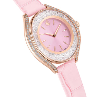 Crystalline aura watch, Swiss Made, Leather strap, Pink, Rose gold-tone finish