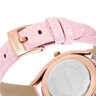 Crystalline aura watch, Swiss Made, Leather strap, Pink, Rose gold-tone finish