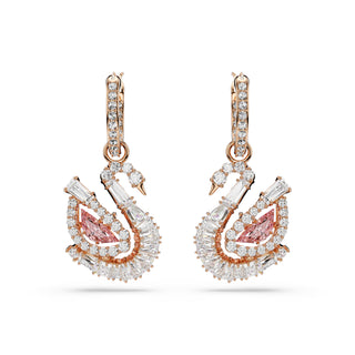 Swan drop earrings, Pavé, Swan, Pink